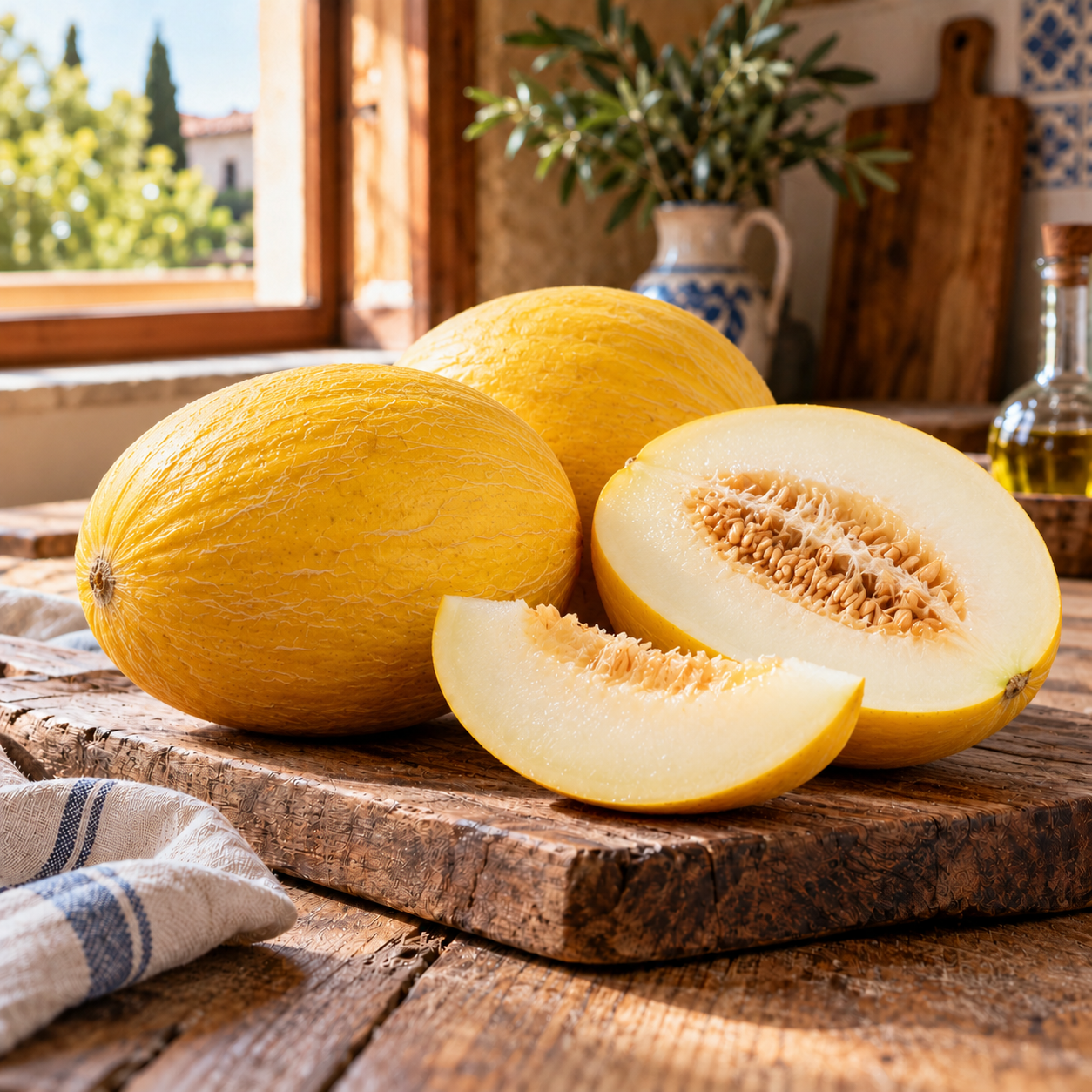 Melón amarillo en cocina rústica
