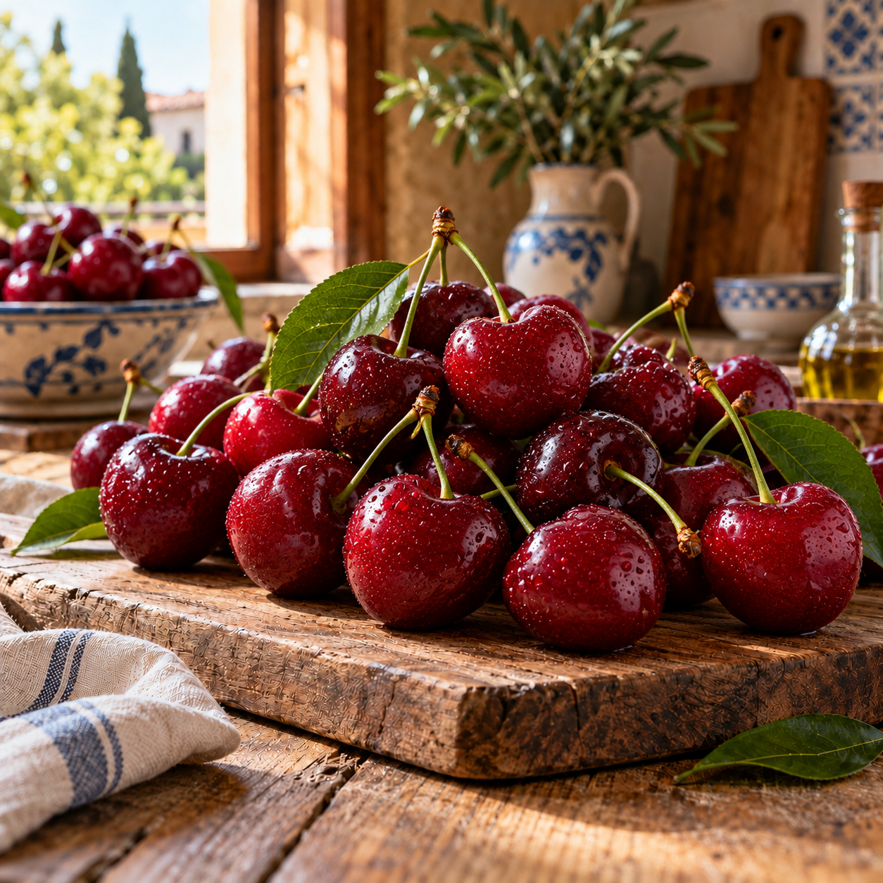 Cerezas Ambrunés sobre madera rústica