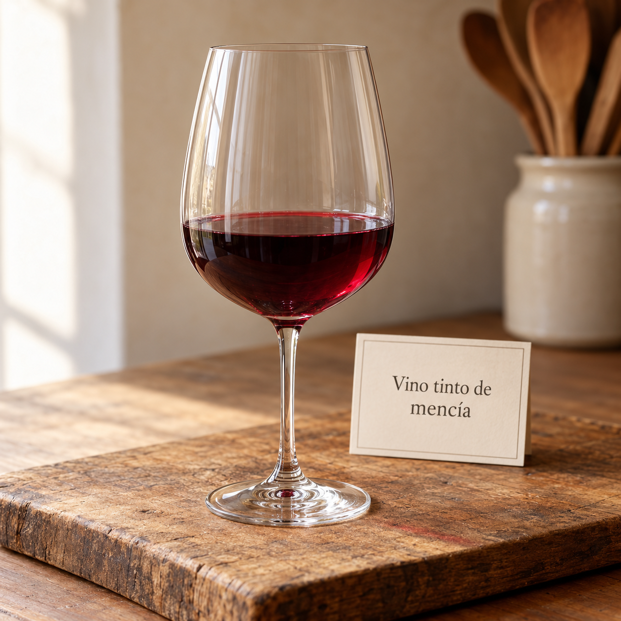 Vino tinto de mencía en cocina rústica