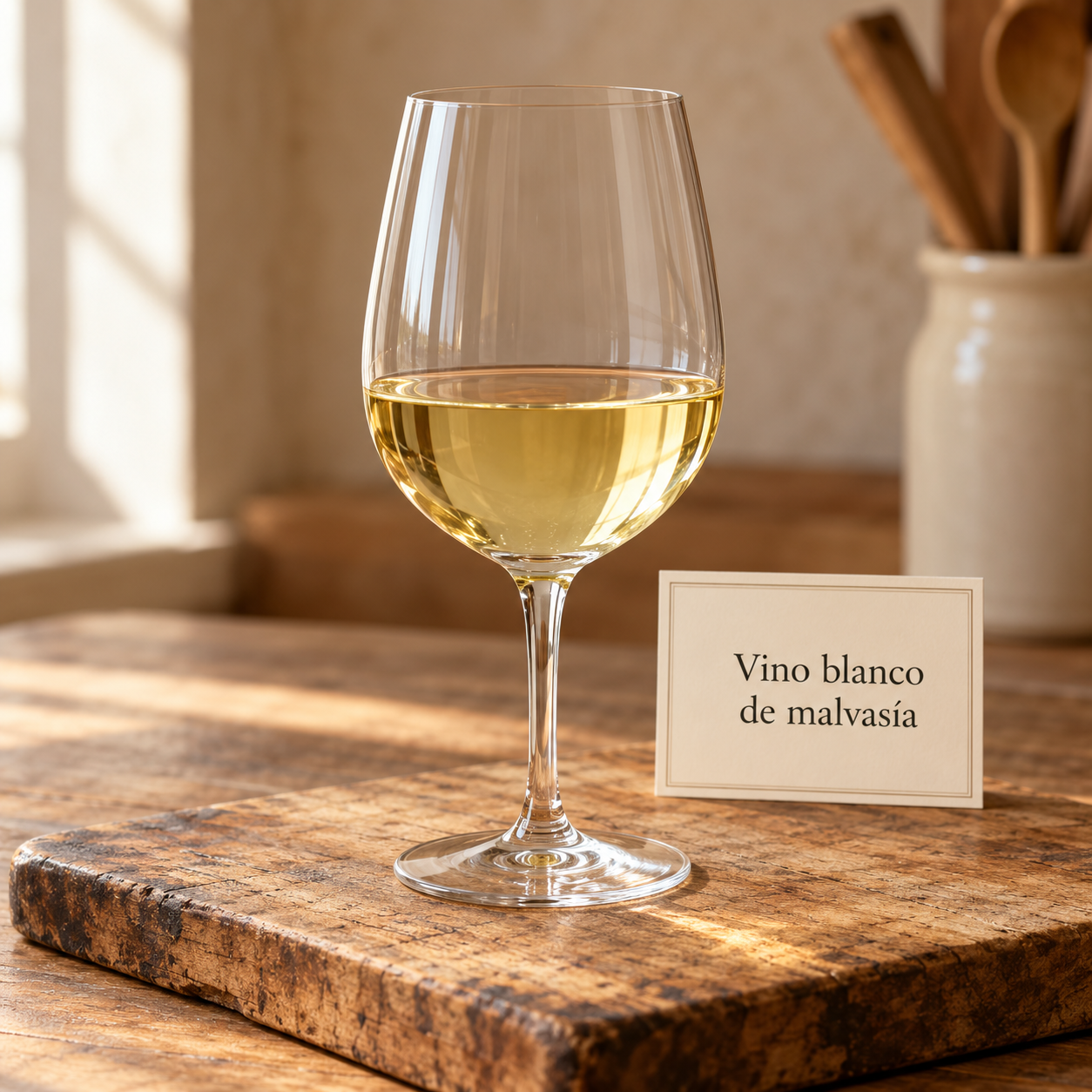 Vino blanco de malvasía sobre tabla rústica