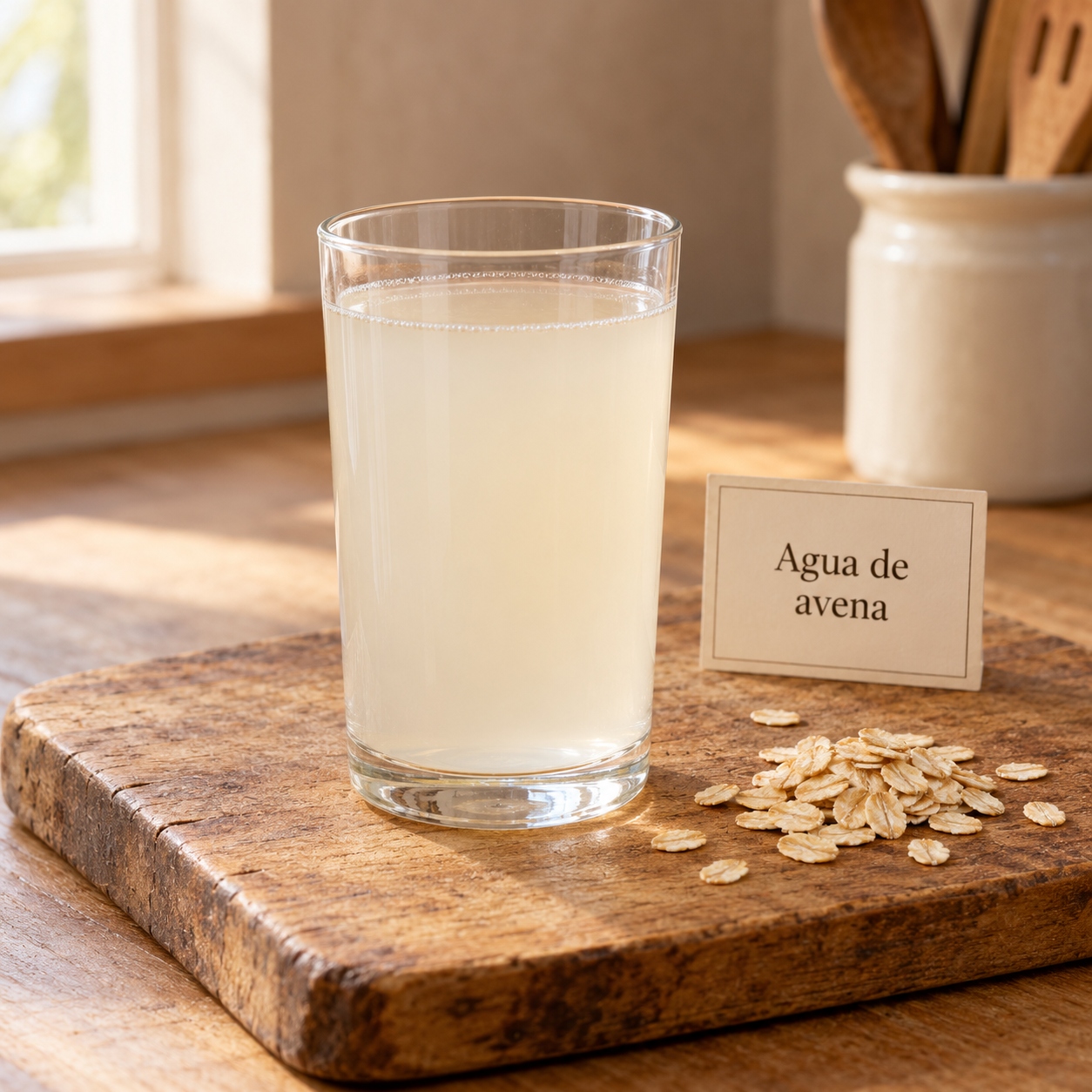 Agua de avena sobre tabla rústica