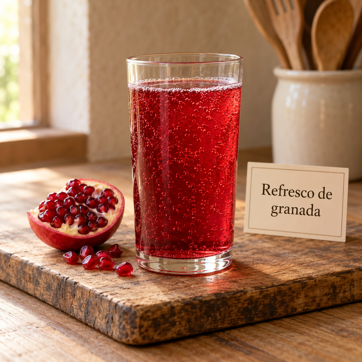 Refresco de granada en cocina rústica