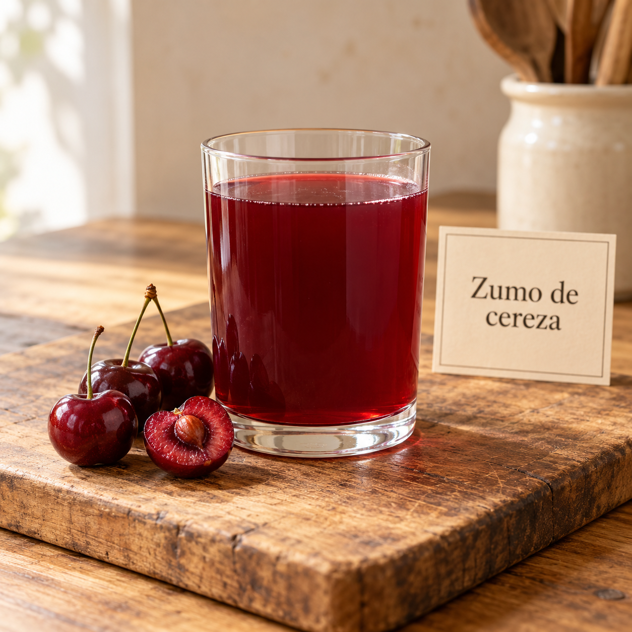Zumo de cereza en cocina rústica