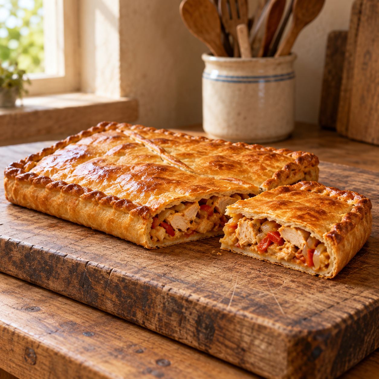 Empanada gallega de pollo dorada