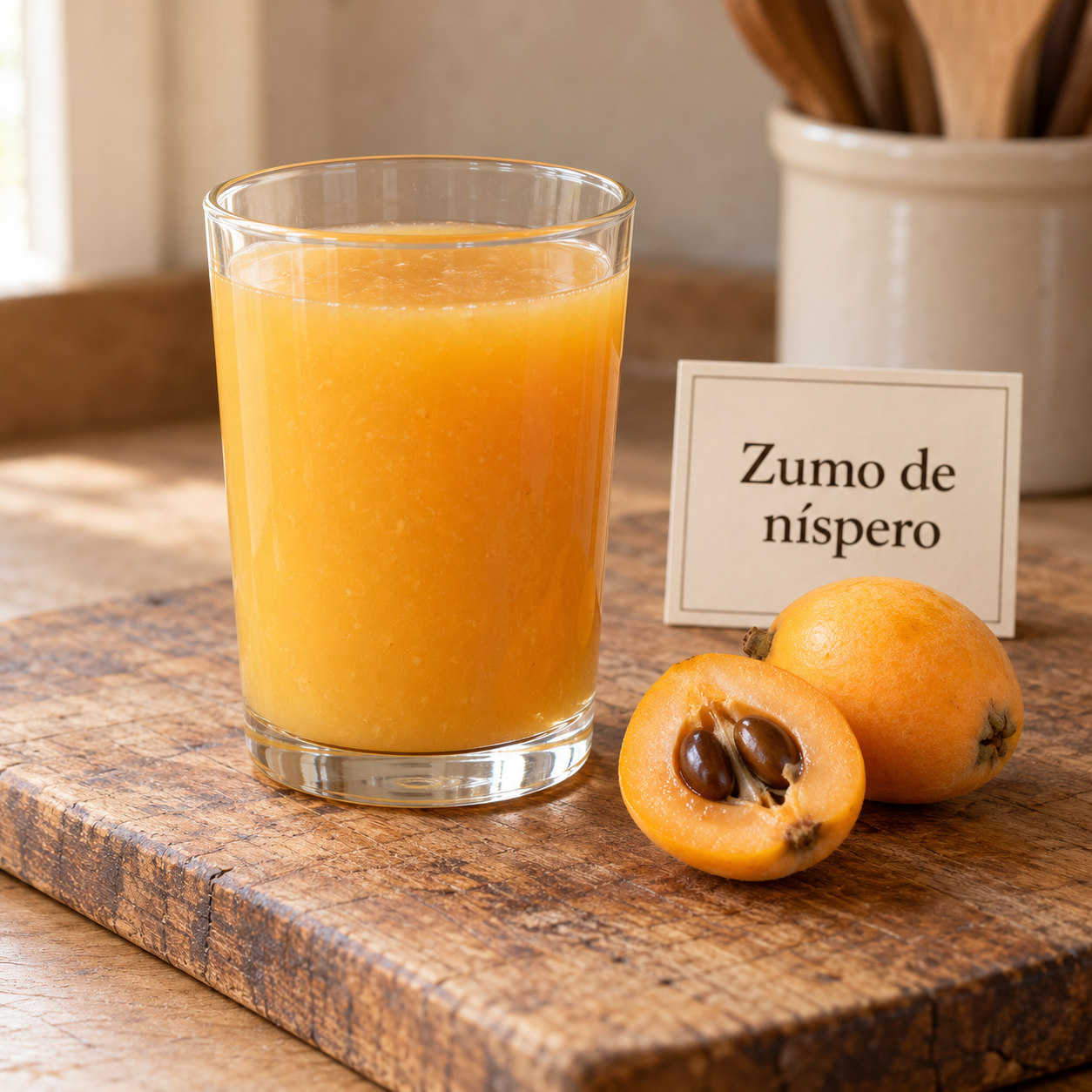 Zumo de níspero en cocina rústica
