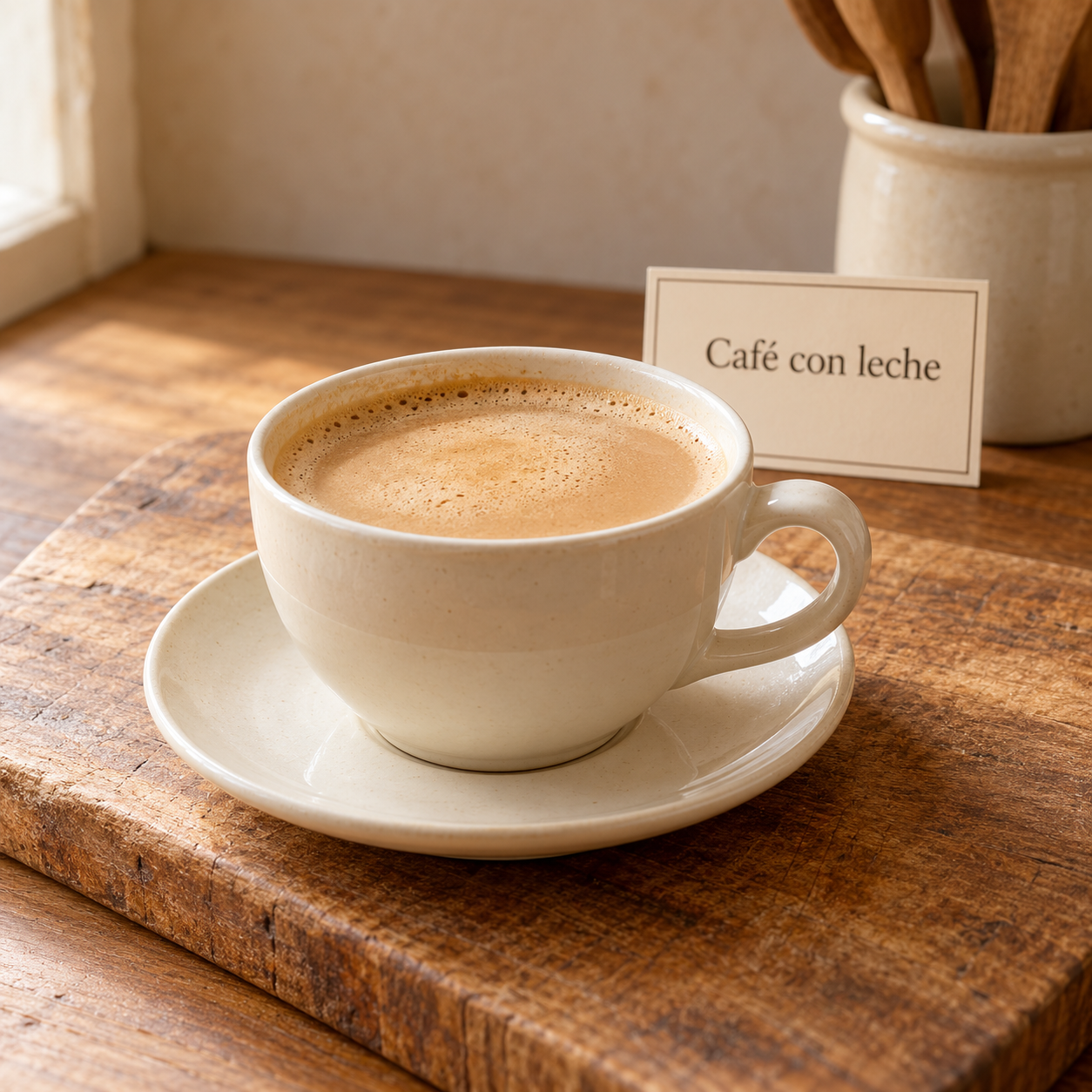 Café con leche en cocina rústica