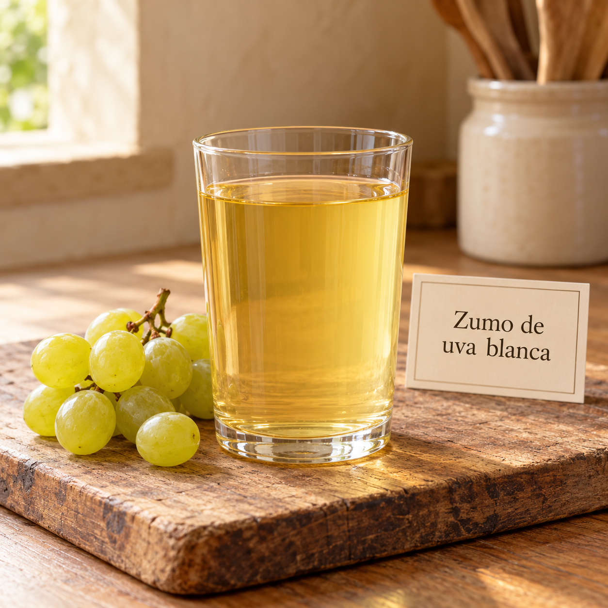 Zumo de uva blanca en cocina rústica