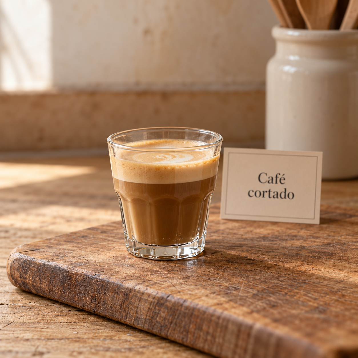 Café cortado en vaso de cristal