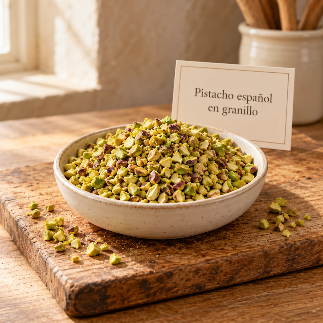 Pistacho español en granillo sobre madera
