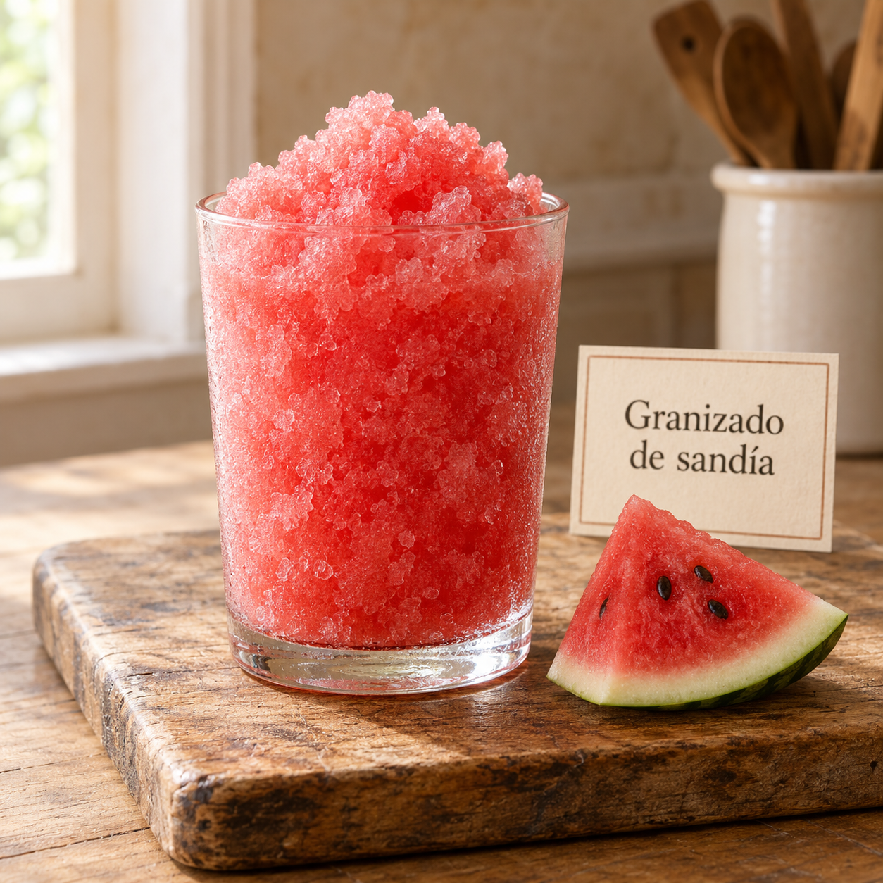 Granizado de sandía sobre tabla rústica