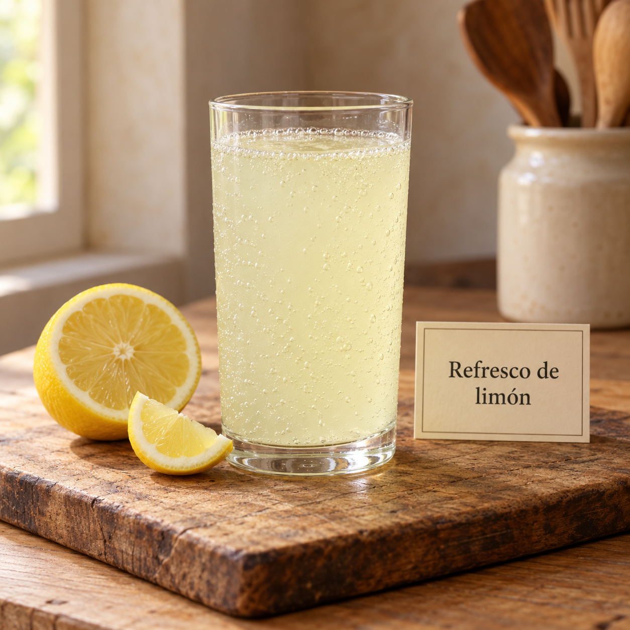 Refresco de limón en cocina rústica
