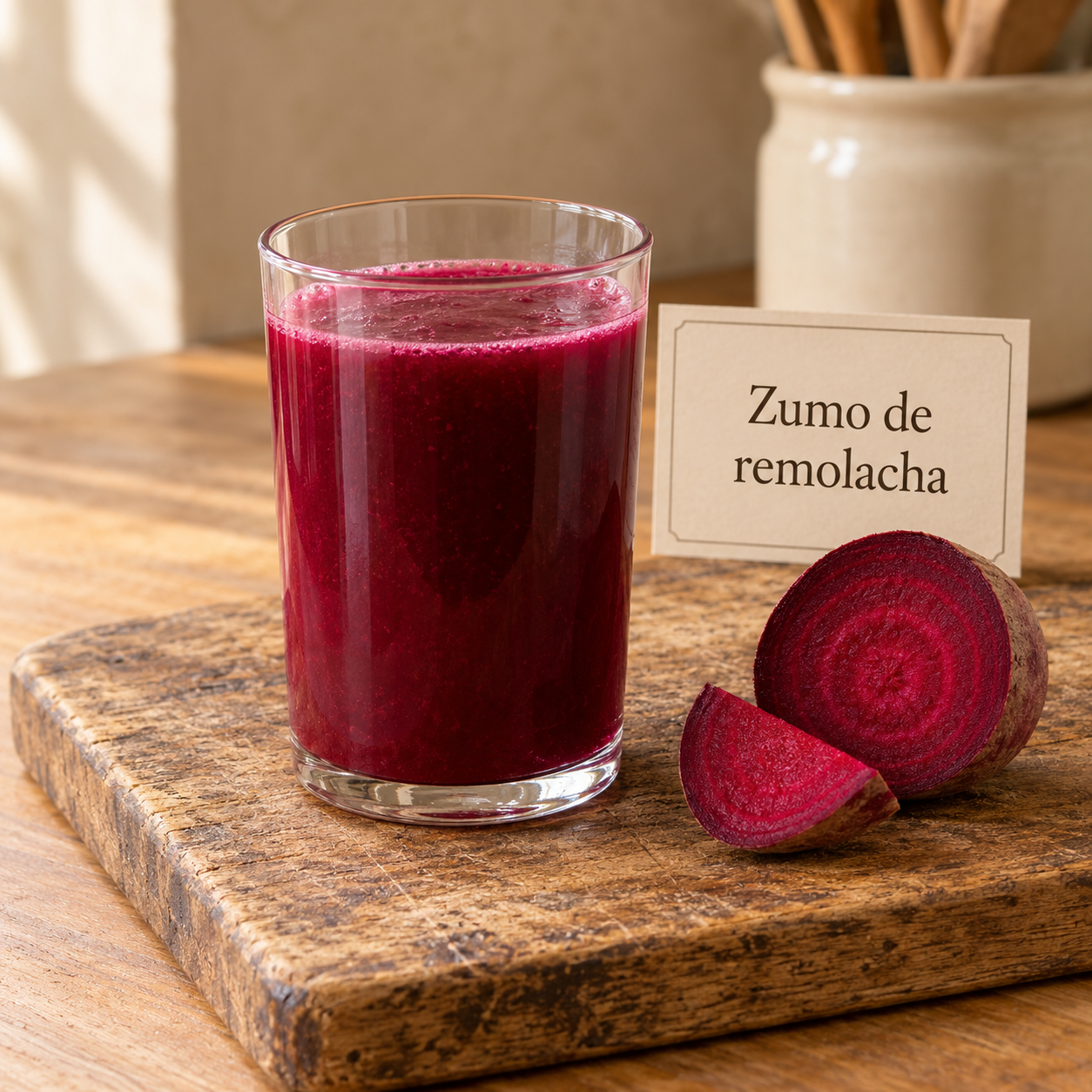 Zumo de remolacha en cocina rústica