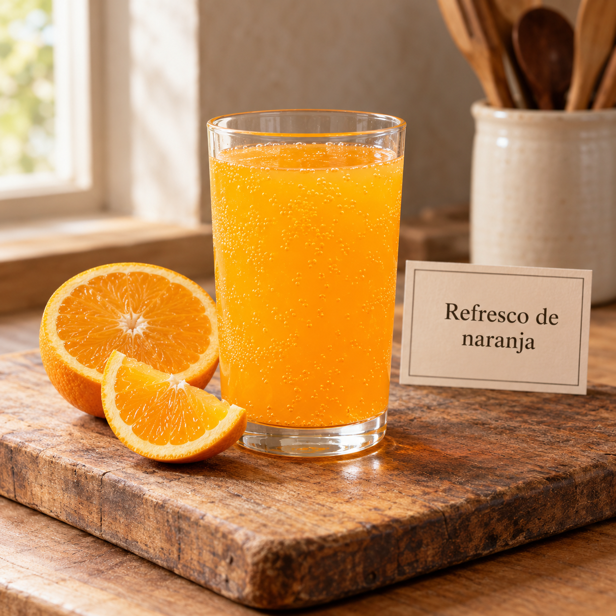 Refresco de naranja en cocina rústica