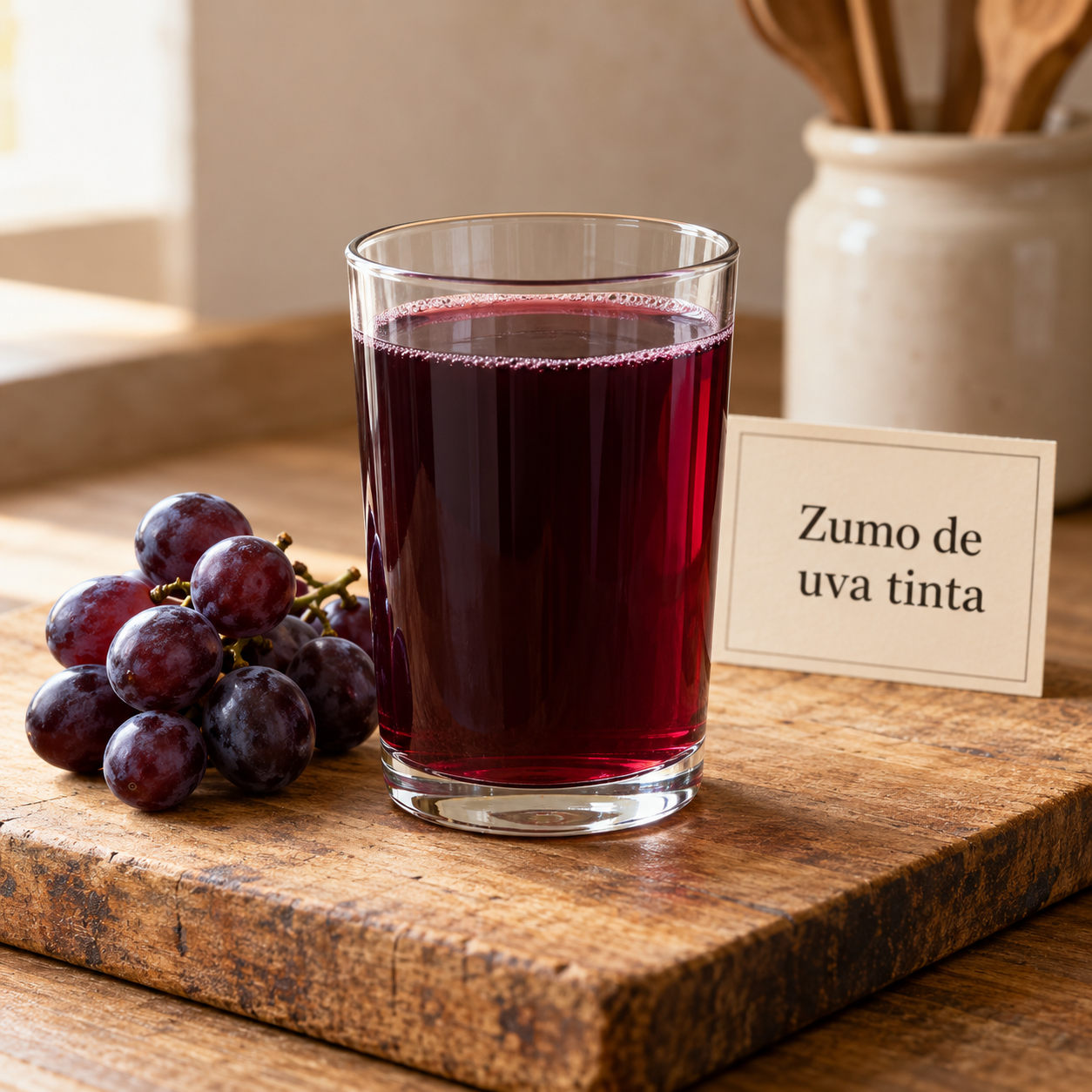 Zumo de uva tinta en cocina rústica