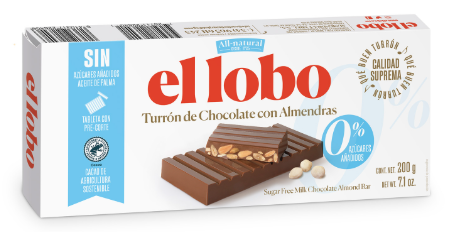 Turrón de Chocolate con Almendras 0% Azúcares Añadidos El Lobo All-Natural 200 g