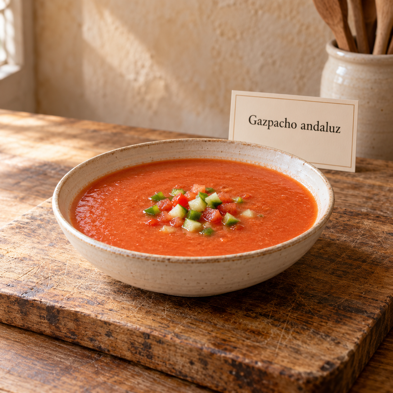 Gazpacho andaluz sobre tabla de madera