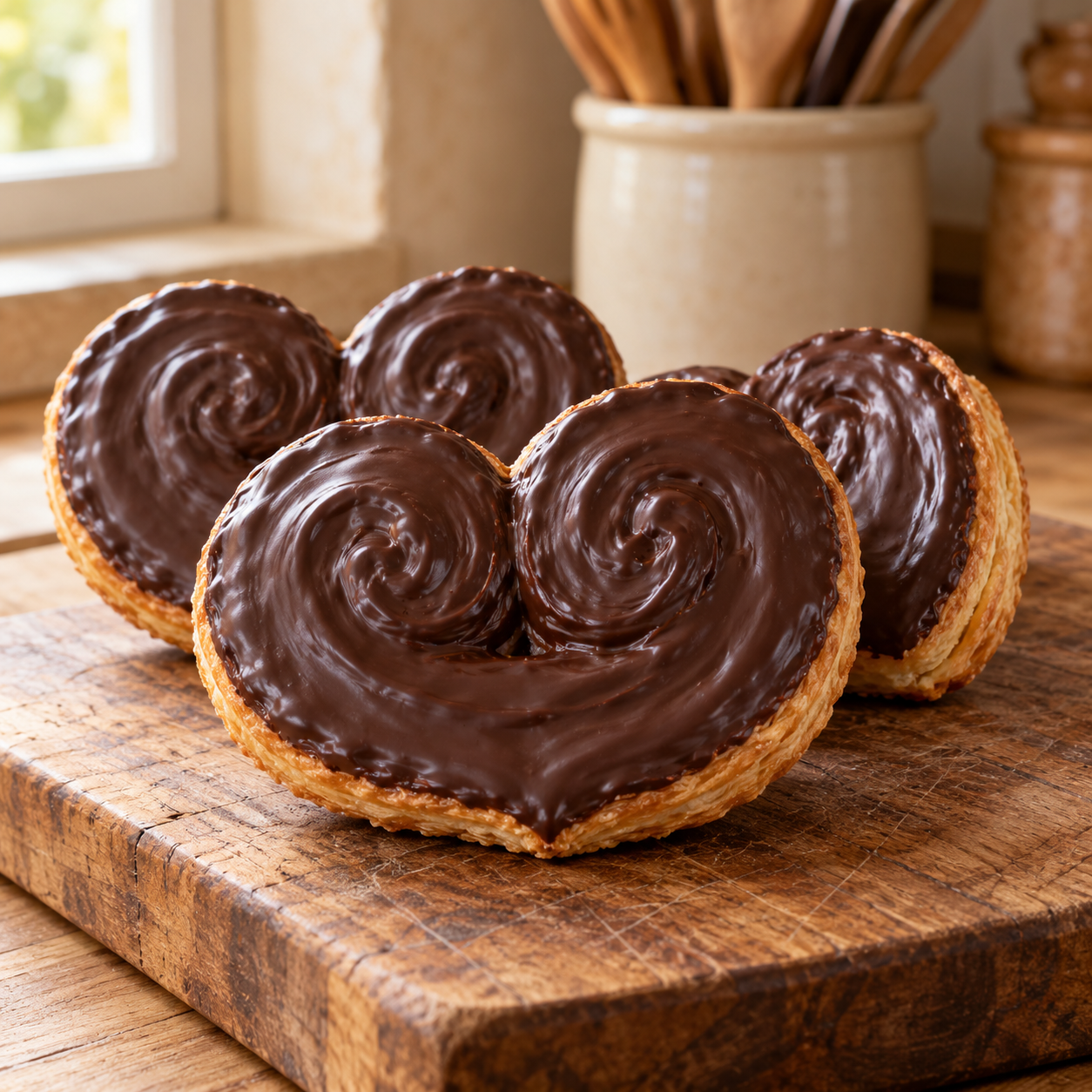Palmeras de chocolate sobre madera rústica