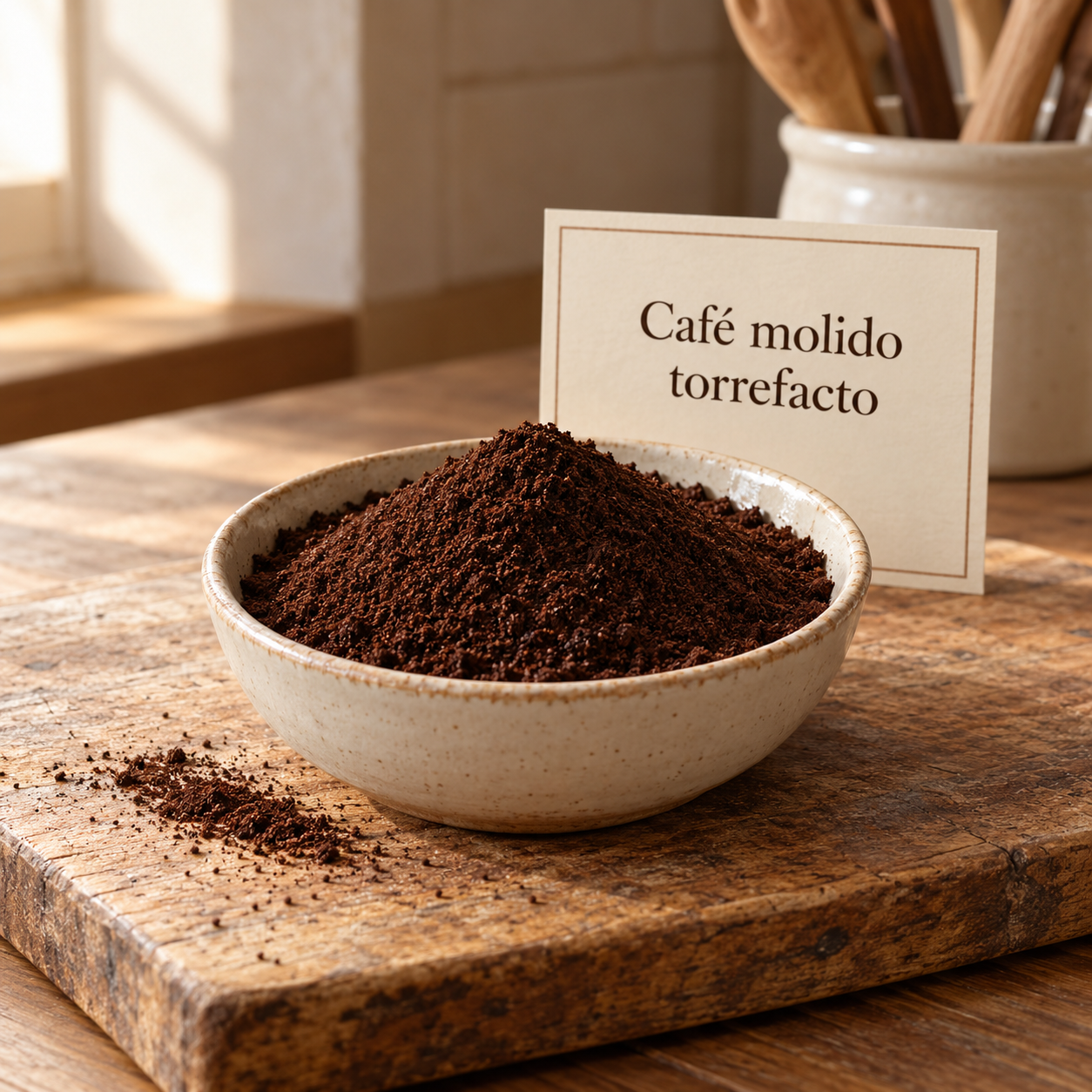 Café molido torrefacto en cuenco crema