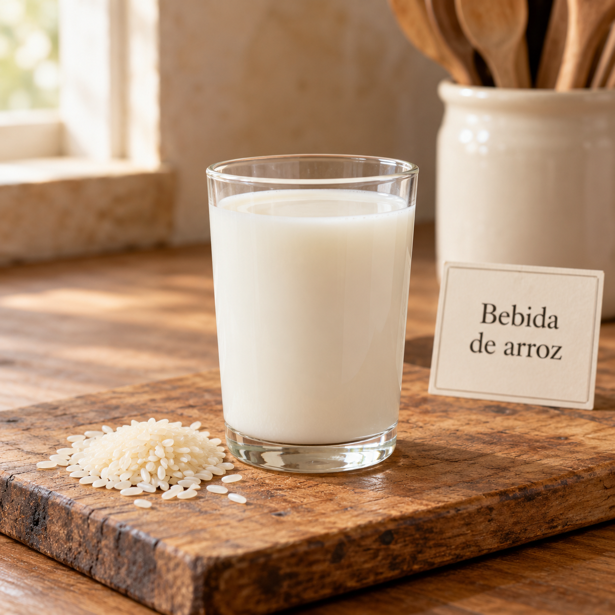 Bebida de arroz sobre tabla rústica