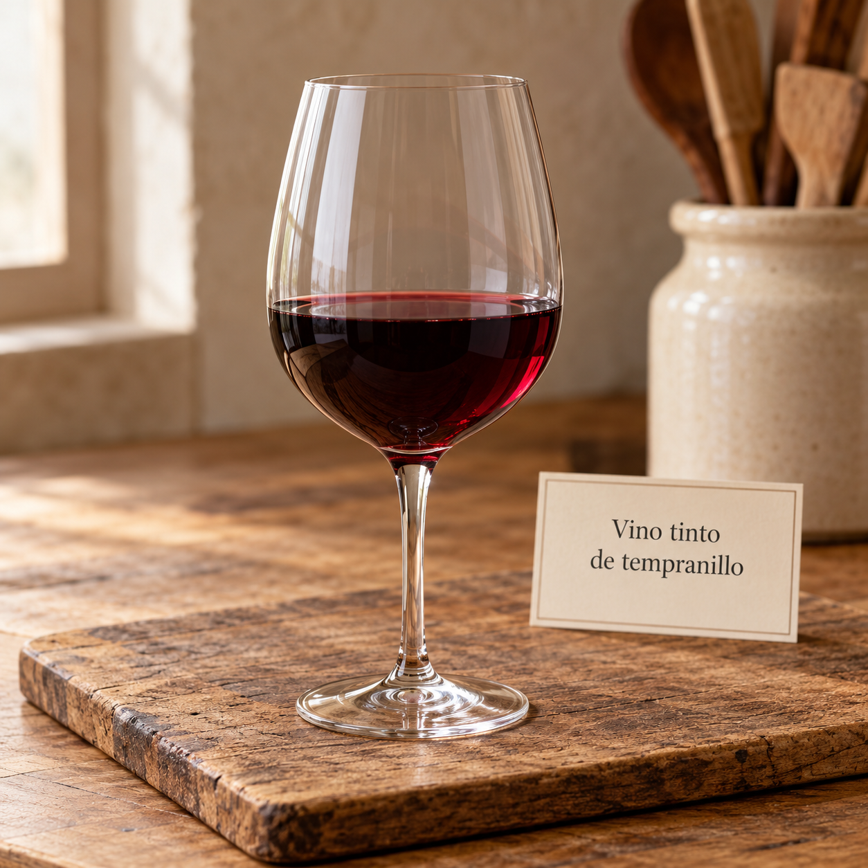 Tempranillo tinto en copa sobre madera