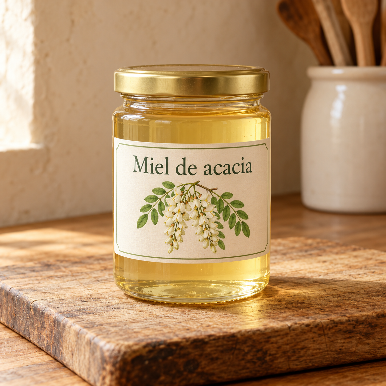 Miel de acacia en cocina rústica