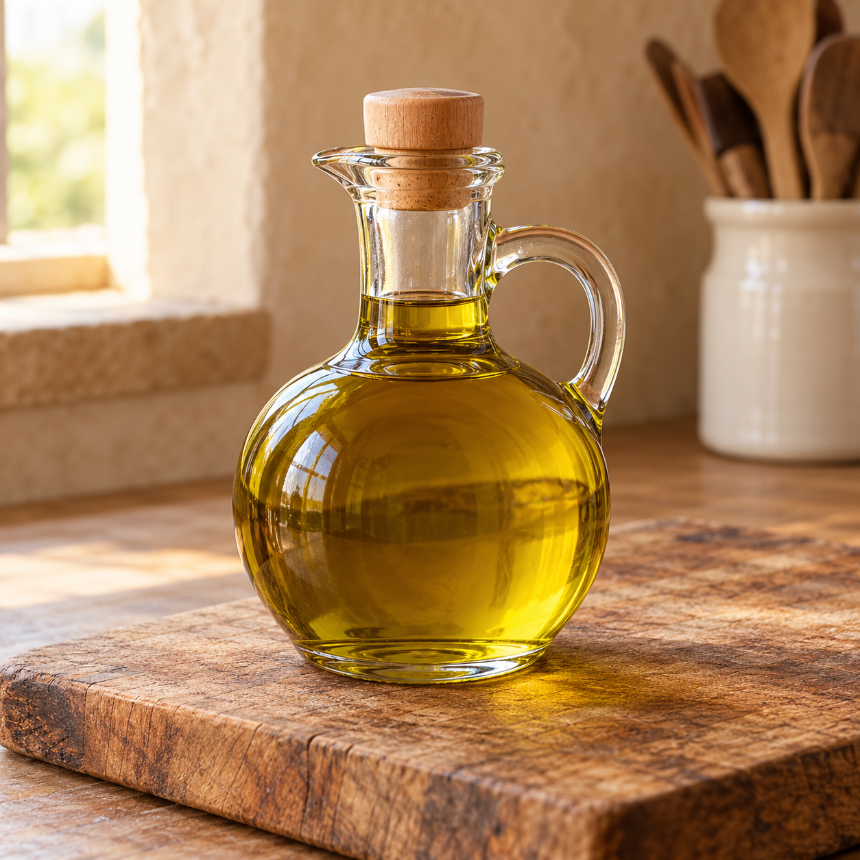Aceite Arbequina en aceitera de vidrio