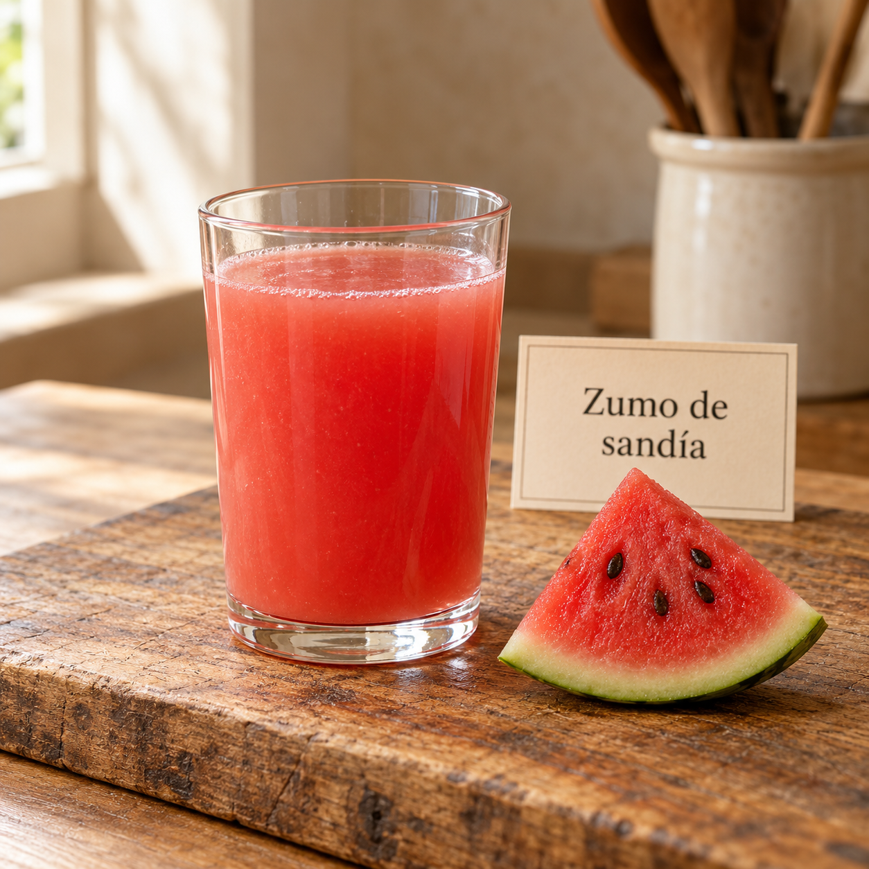 Zumo de sandía en cocina rústica