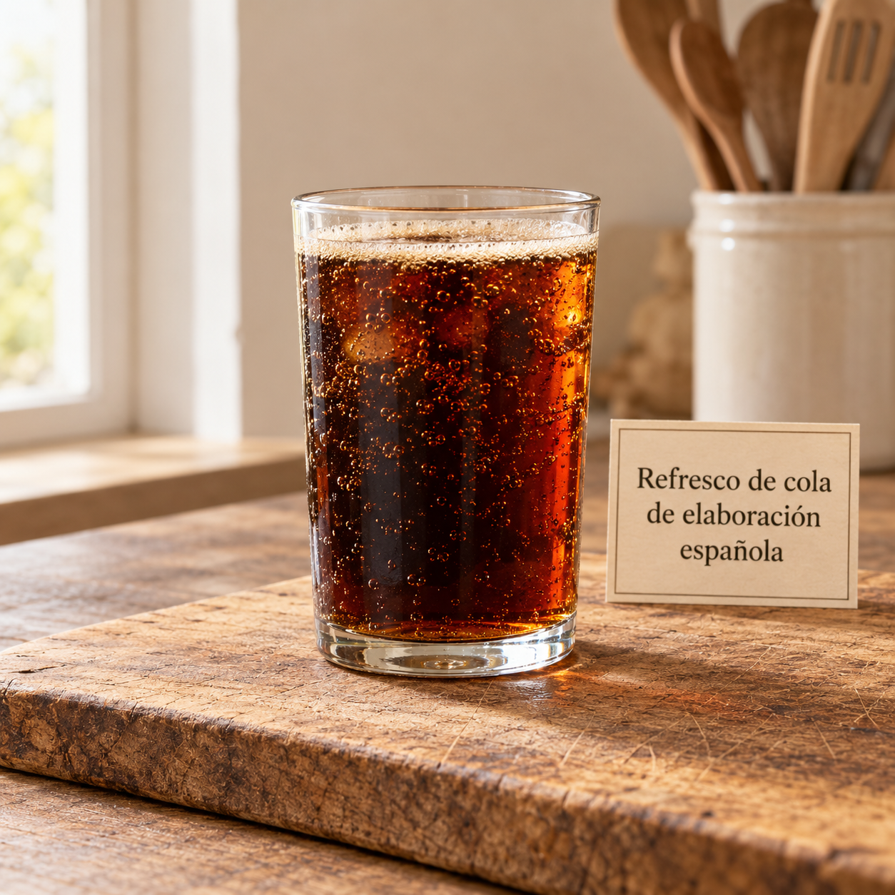 Refresco de cola española sobre tabla rústica
