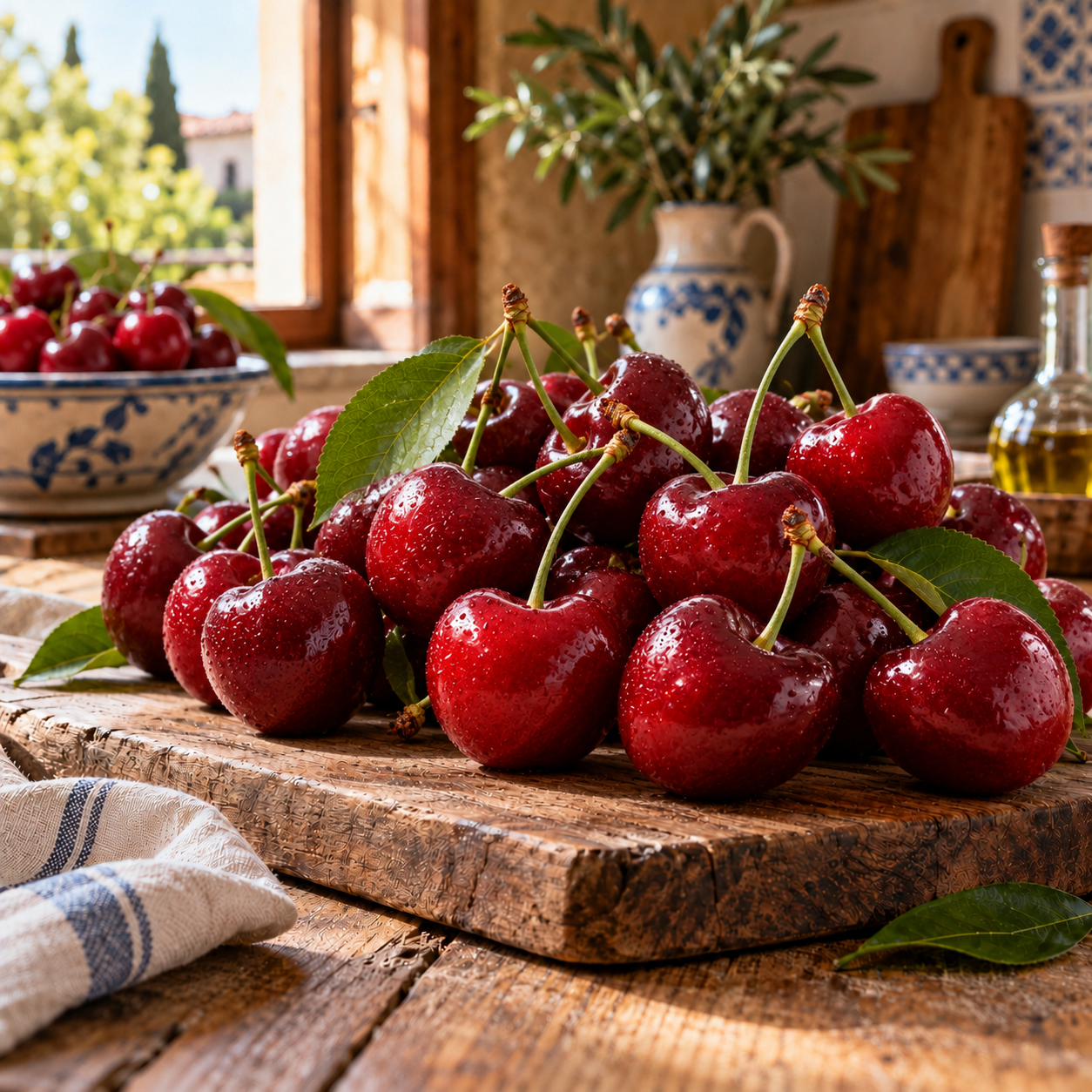 Cerezas Burlat brillantes en cocina rústica